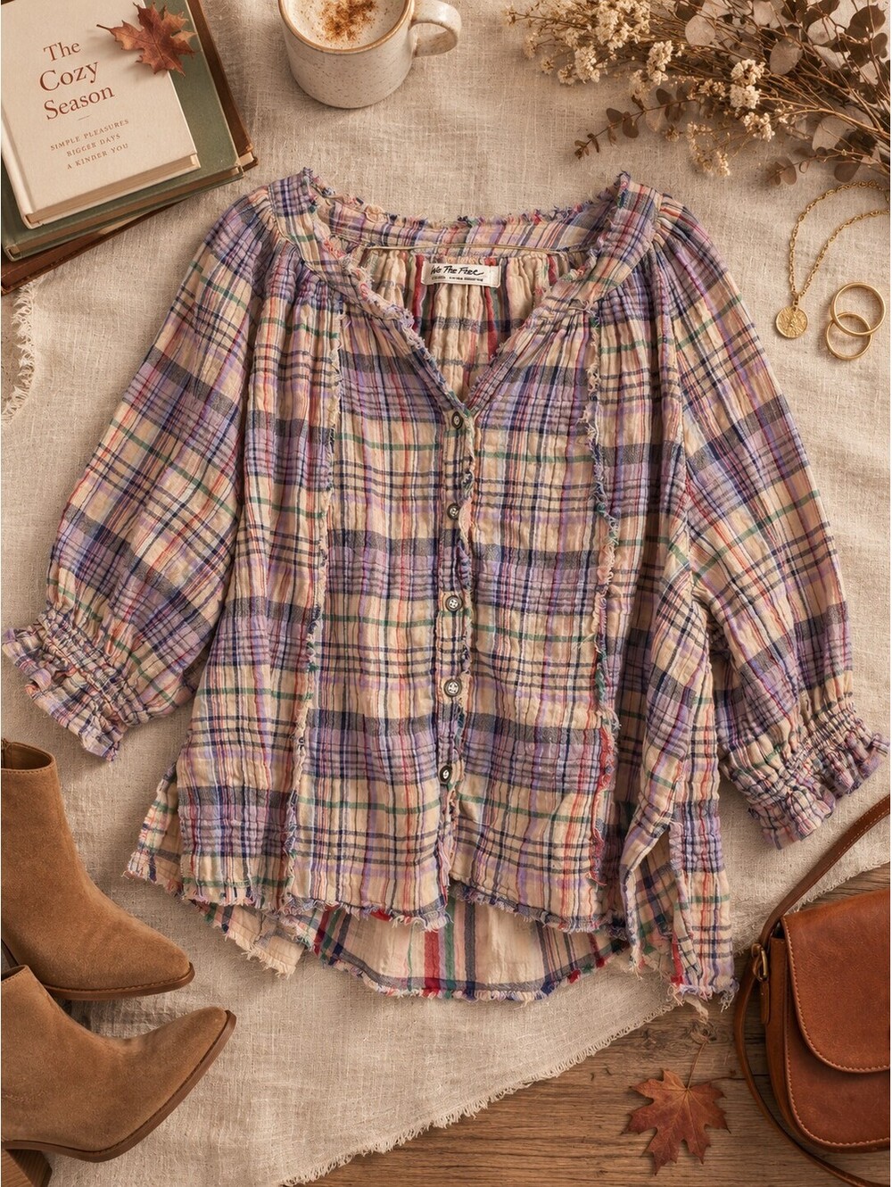 Free People We The Free Plaid Raw Edge Button Front Blouse Beige Purple XS EUC